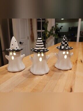 NEW Becki Owens Ceramic Halloween Ghost Trio with Black & White Witch Hats